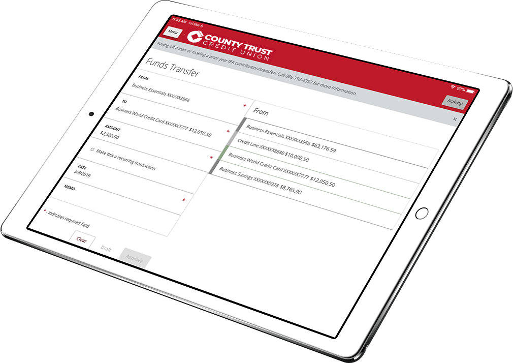 Tablet with Easthigh Credit Union funds transfer on the screen